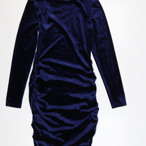 Michelle Keegan Women Blue UK 10 Bodycon Velour Ruched Knee Dress