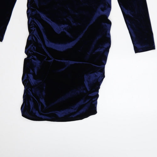 Michelle Keegan Women Blue UK 10 Bodycon Velour Ruched Knee Dress