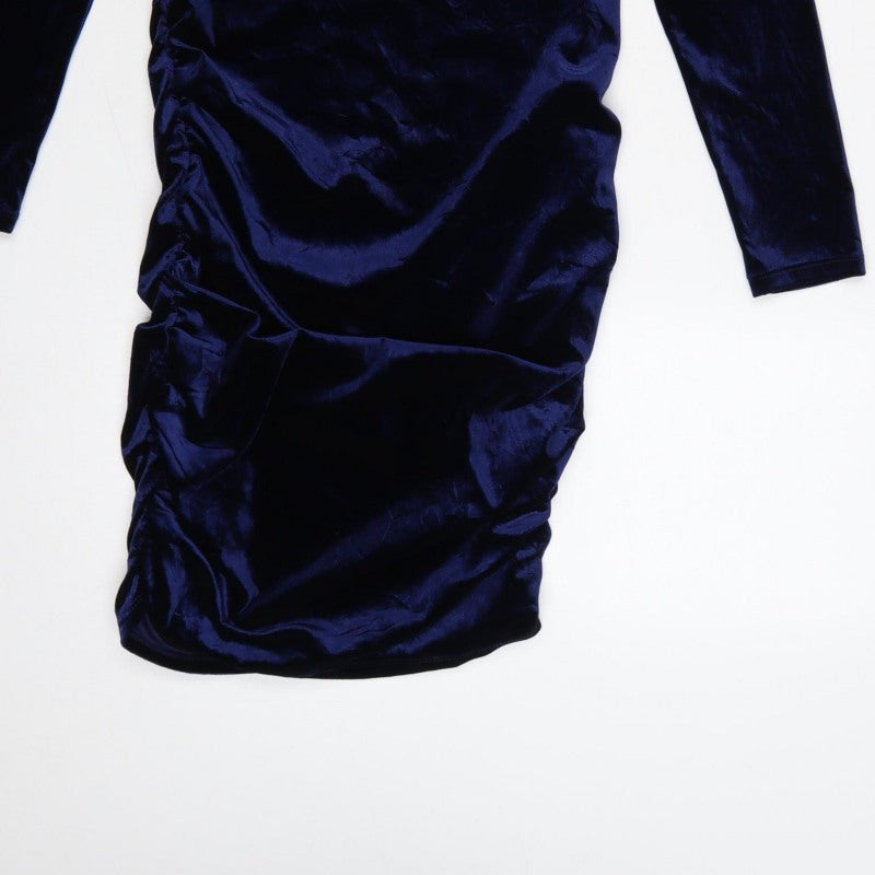Michelle Keegan Women Blue UK 10 Bodycon Velour Ruched Knee Dress