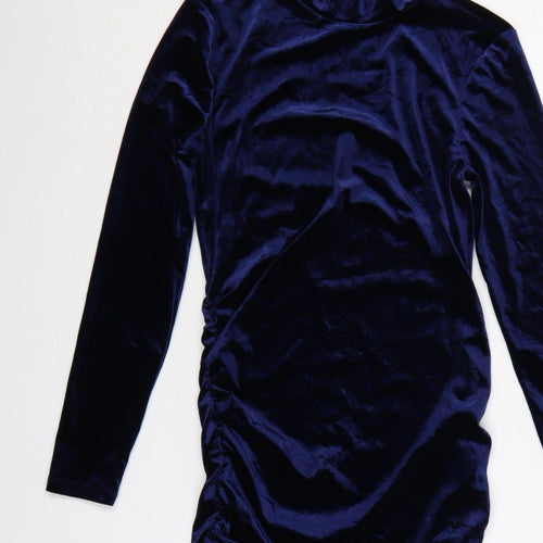 Michelle Keegan Women Blue UK 10 Bodycon Velour Ruched Knee Dress