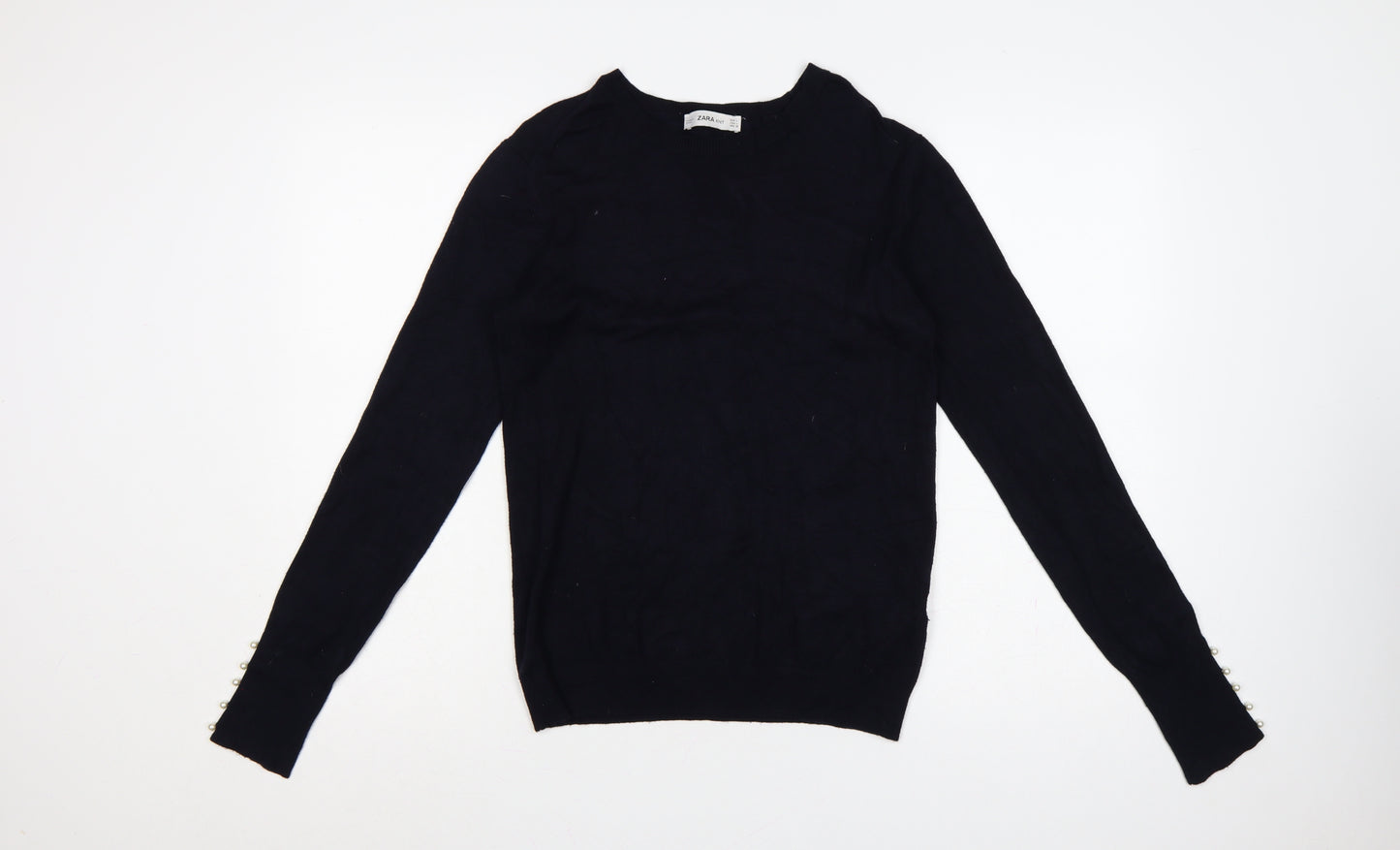 Zara Women Black L Mock Neck Knit Pearl Cuff Jumper
