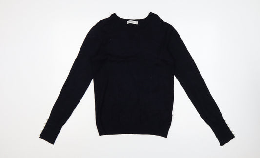Zara Women Black L Mock Neck Knit Pearl Cuff Jumper