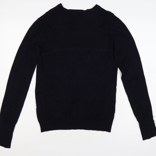 Zara Women Black L Mock Neck Knit Pearl Cuff Jumper