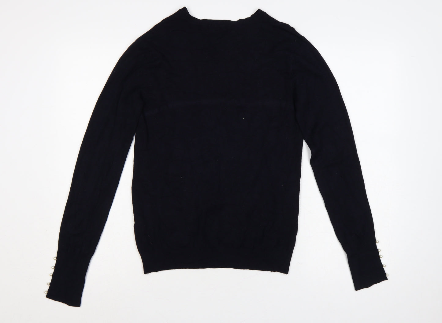 Zara Women Black L Mock Neck Knit Pearl Cuff Jumper