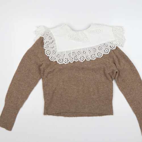 Zara Women Brown UK 12 Camel Blend Knit Jumper Lace Ruffle Collar