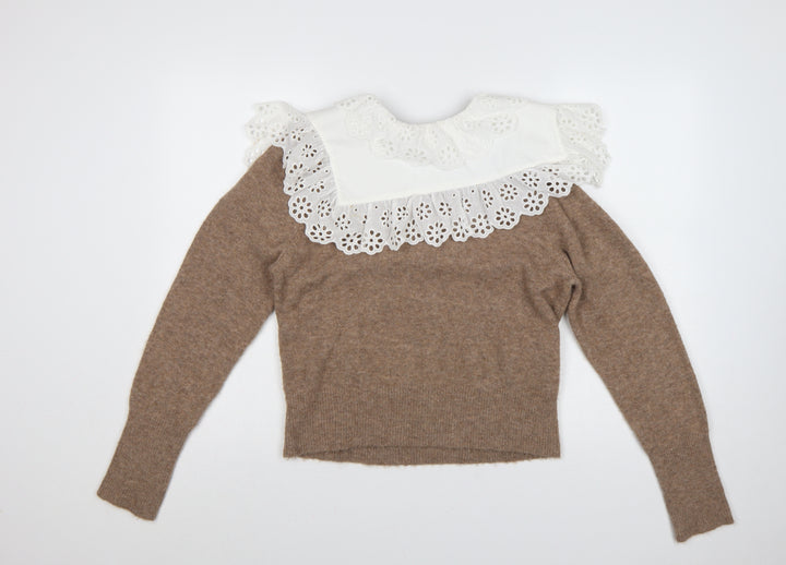 Zara Women Brown UK 12 Camel Blend Knit Jumper Lace Ruffle Collar