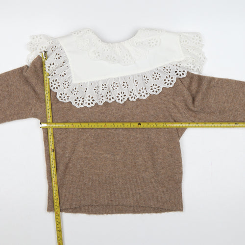 Zara Women Brown UK 12 Camel Blend Knit Jumper Lace Ruffle Collar