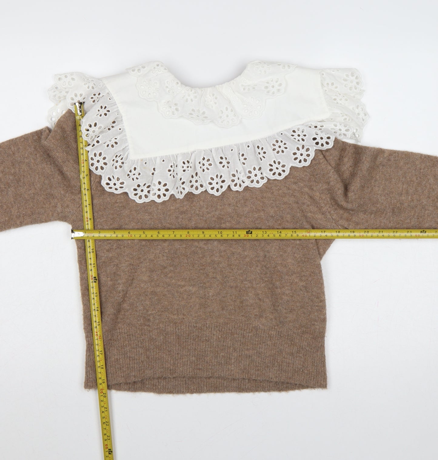 Zara Women Brown UK 12 Camel Blend Knit Jumper Lace Ruffle Collar