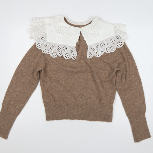 Zara Women Brown UK 12 Camel Blend Knit Jumper Lace Ruffle Collar