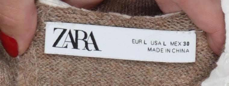 Zara Women Brown UK 12 Camel Blend Knit Jumper Lace Ruffle Collar