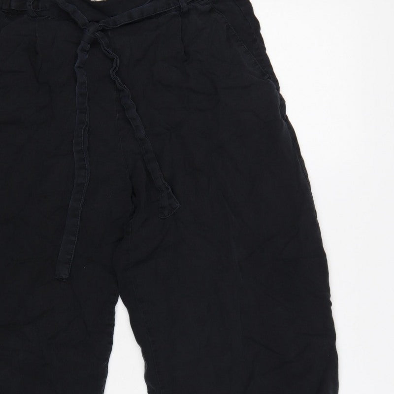 Pull&Bear Women Black S Cropped Wide-Leg Paperbag Tie Trousers