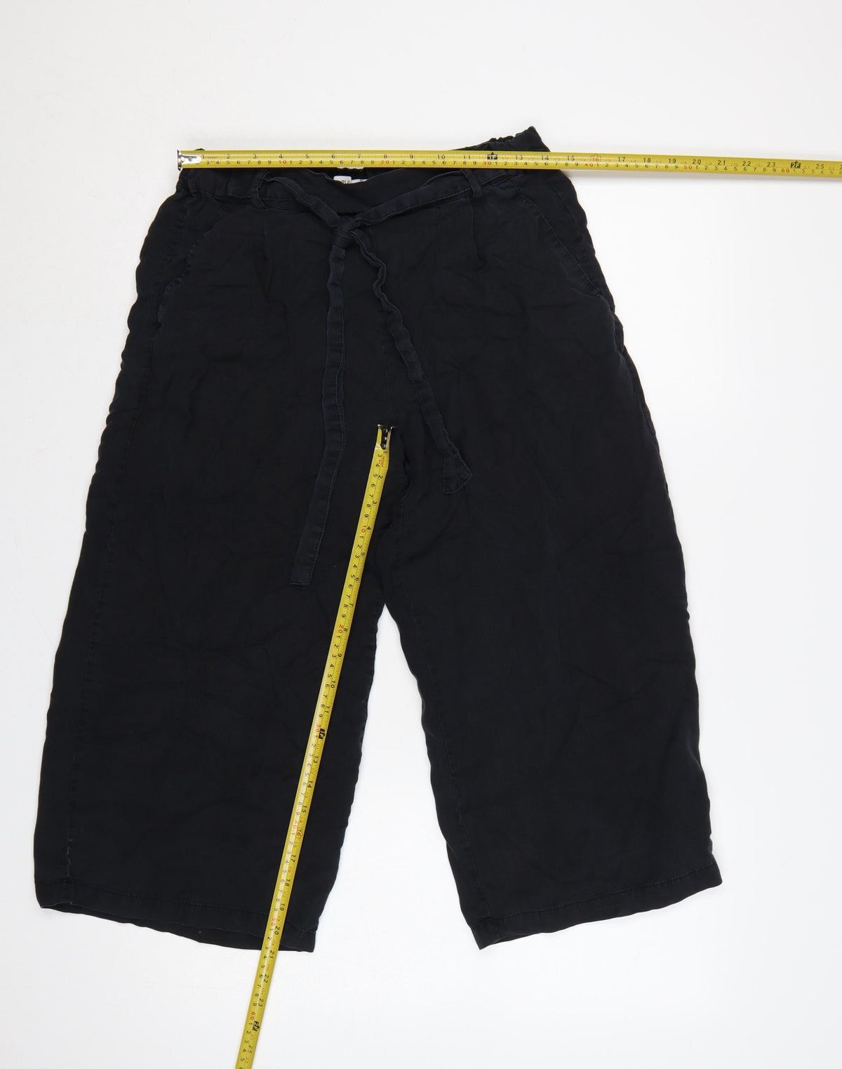 Pull&Bear Women Black S Cropped Wide-Leg Paperbag Tie Trousers