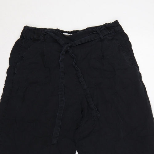 Pull&Bear Women Black S Cropped Wide-Leg Paperbag Tie Trousers