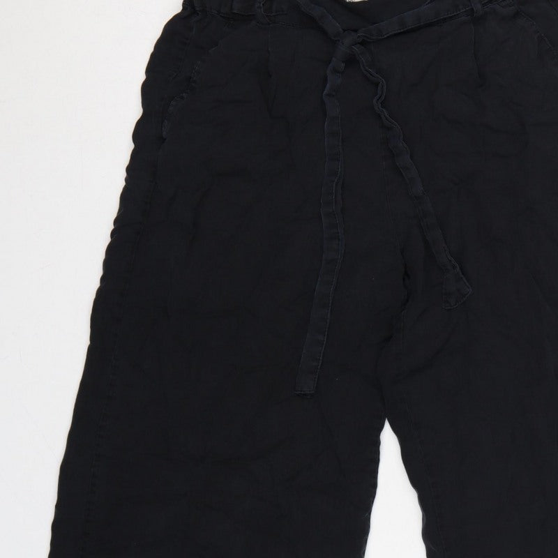 Pull&Bear Women Black S Cropped Wide-Leg Paperbag Tie Trousers