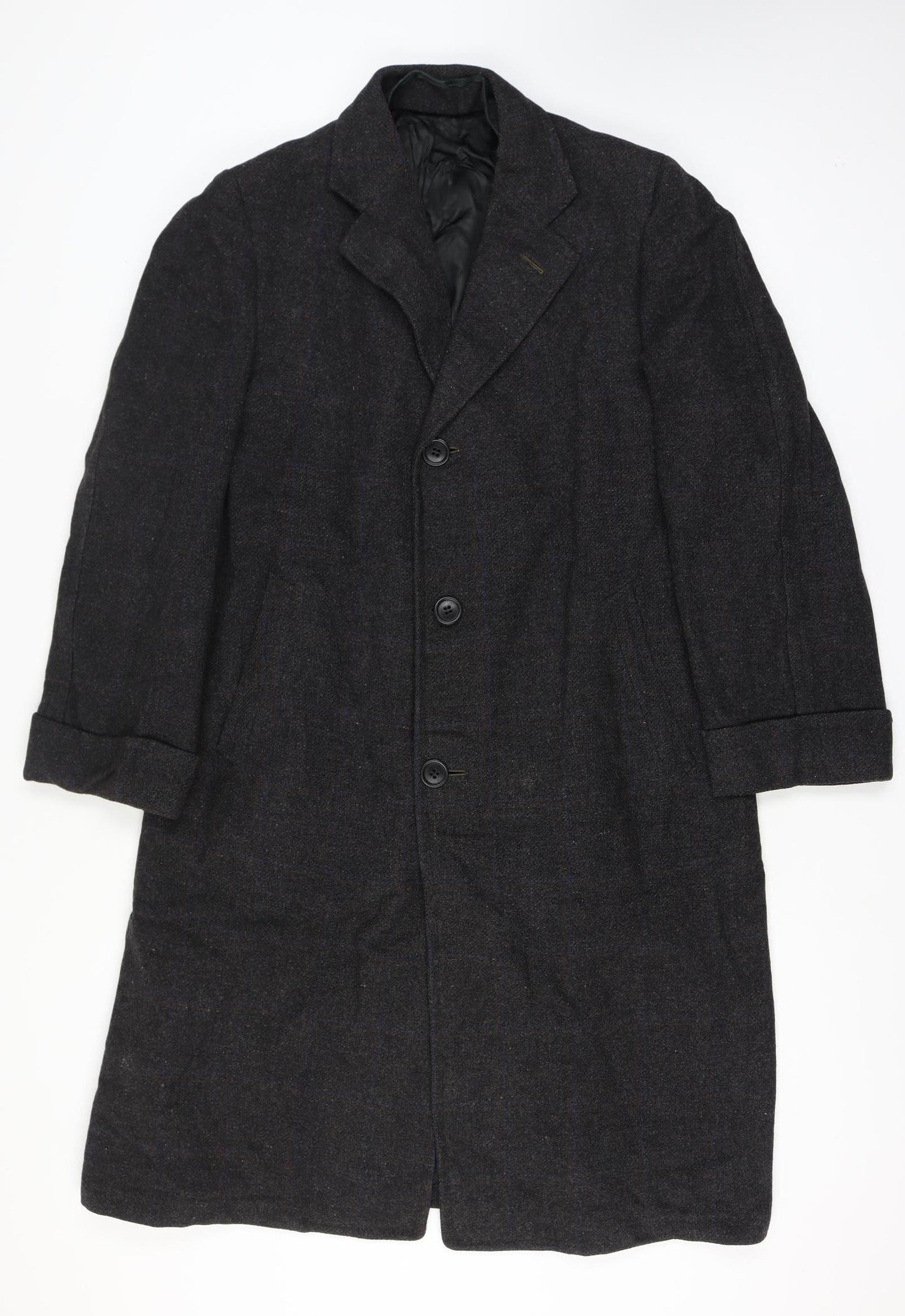 Manchester Clothes Men’s Chest 44 Black Checked Tweed Long Overcoat Vintage