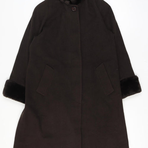 Jones New York Women’s Brown Size 14 100% Wool Long Overcoat Faux Fur Trim