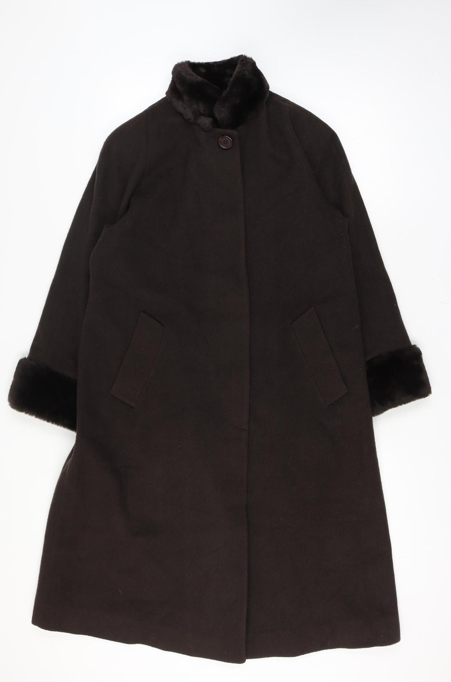 Jones New York Women’s Brown Size 14 100% Wool Long Overcoat Faux Fur Trim