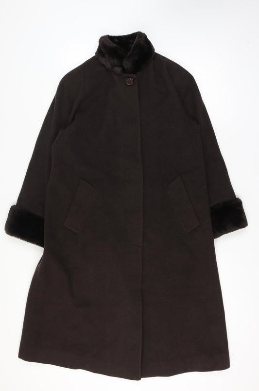Jones New York Women’s Brown Size 14 100% Wool Long Overcoat Faux Fur Trim