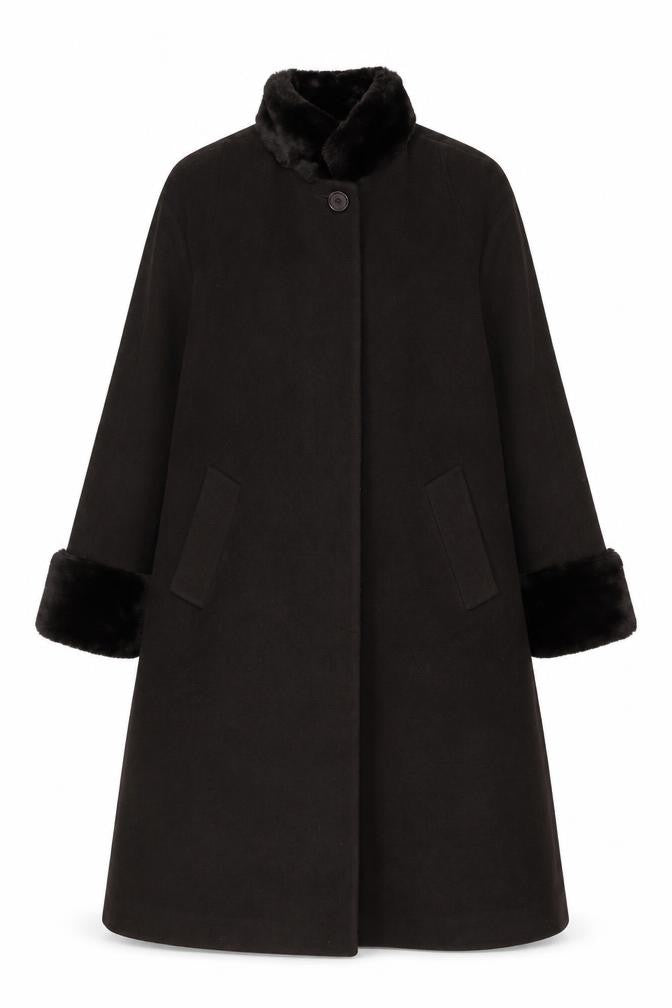 Jones New York Women’s Brown Size 14 100% Wool Long Overcoat Faux Fur Trim