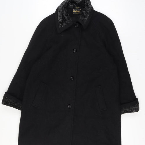 Gallery Women Size 16 Black Wool Blend Faux Fur Trim Long Overcoat Size Unlabelled