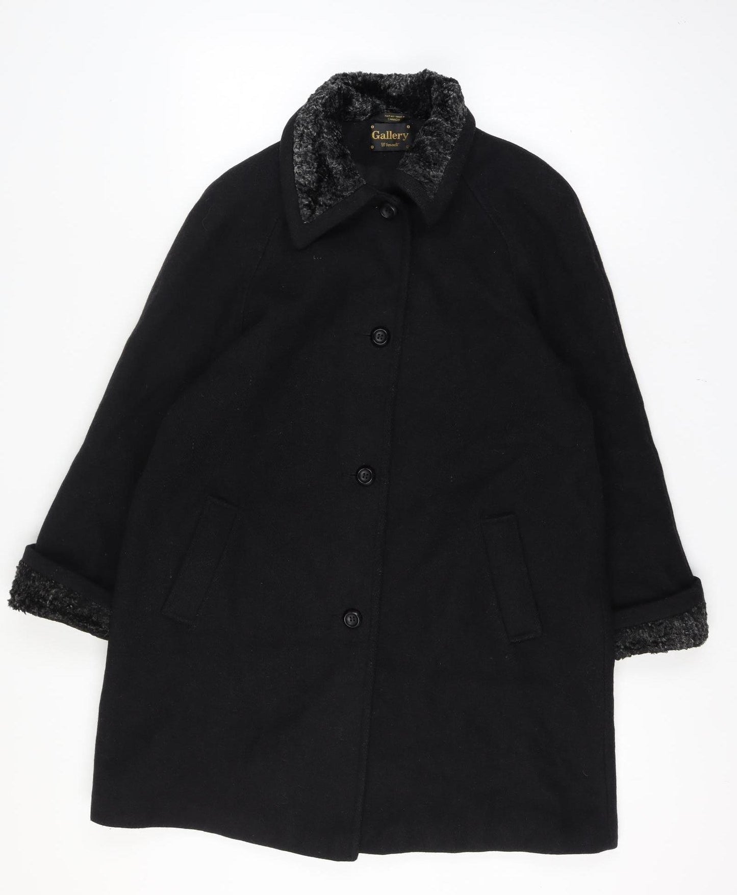 Gallery Women Size 16 Black Wool Blend Faux Fur Trim Long Overcoat Size Unlabelled