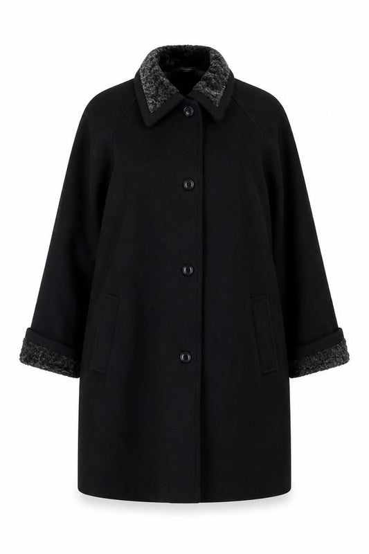 Gallery Women Size 16 Black Wool Blend Faux Fur Trim Long Overcoat Size Unlabelled