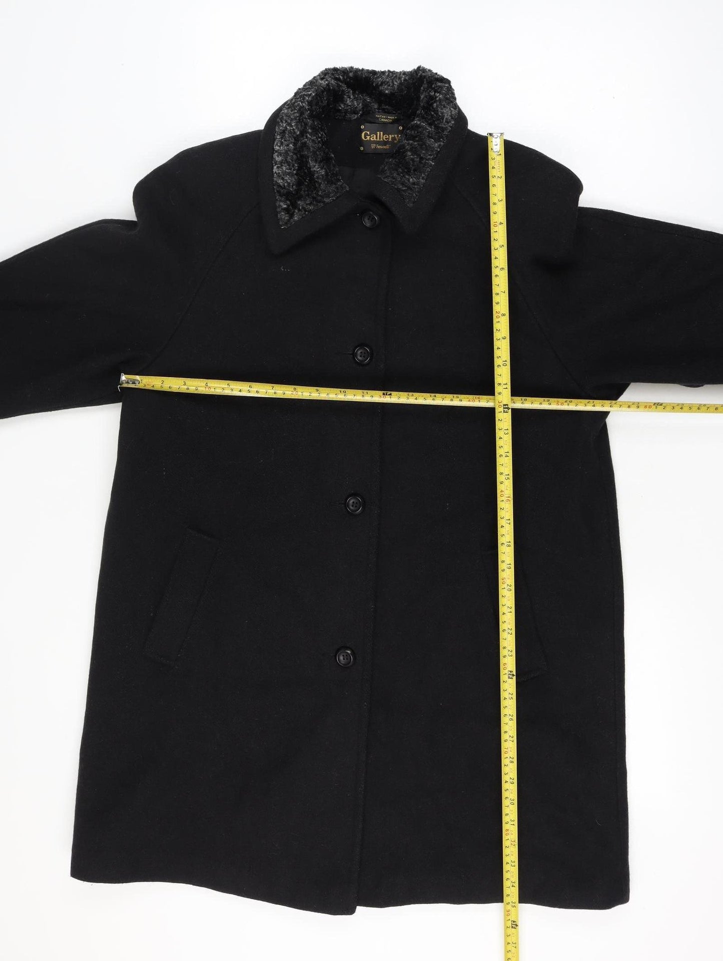 Gallery Women Size 16 Black Wool Blend Faux Fur Trim Long Overcoat Size Unlabelled