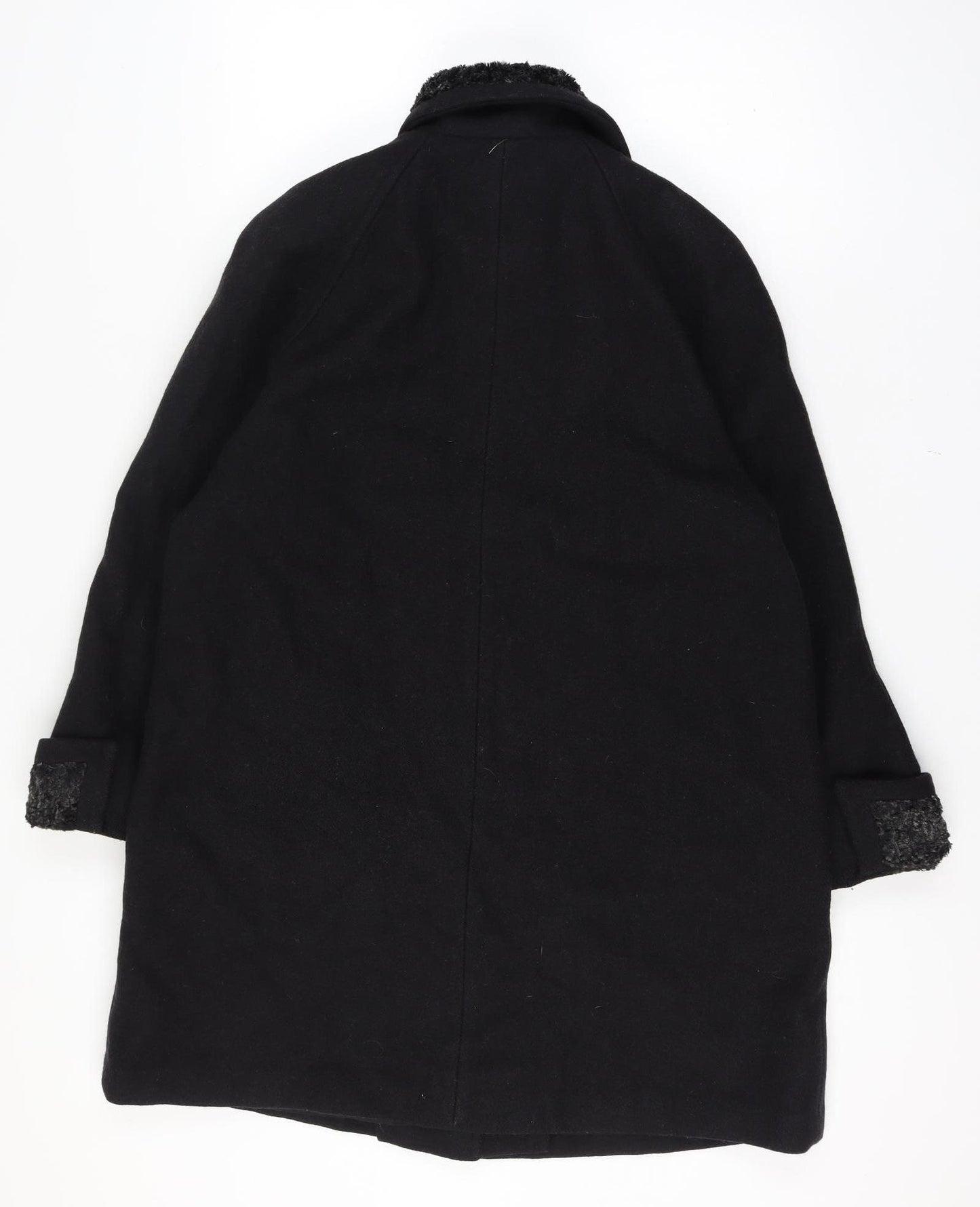 Gallery Women Size 16 Black Wool Blend Faux Fur Trim Long Overcoat Size Unlabelled