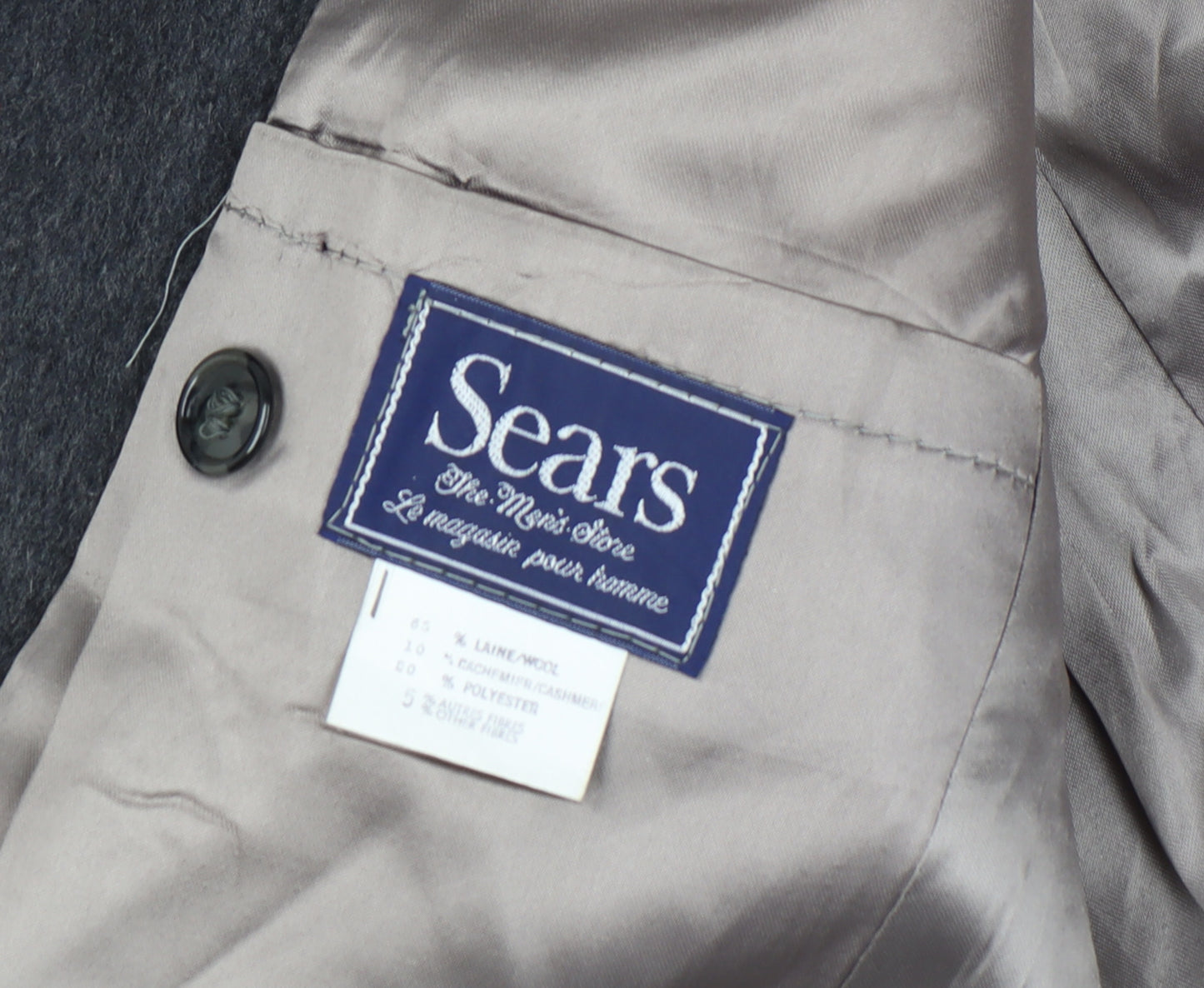 Sears Men’s Grey Chest 42 Wool Cashmere Long Overcoat Lined Single-Breasted
