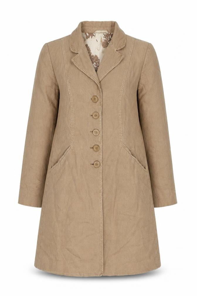 Per Una Pure Linen Size 14 Women Beige Long Button Coat Floral Lining