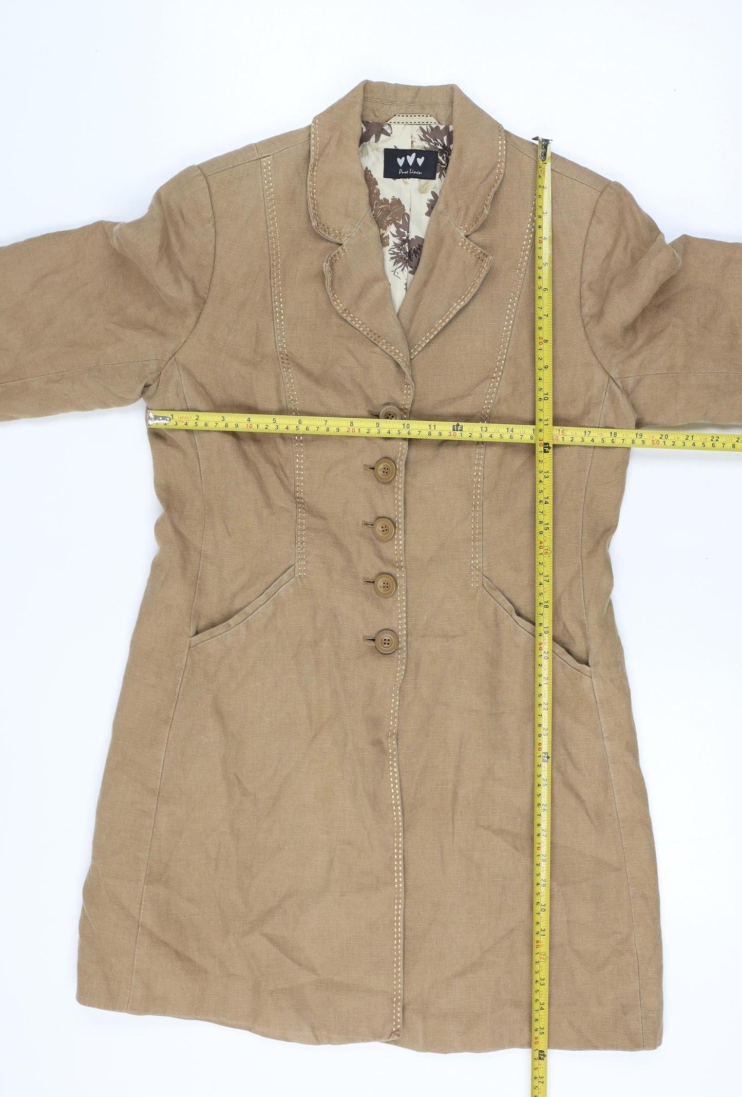 Per Una Pure Linen Size 14 Women Beige Long Button Coat Floral Lining