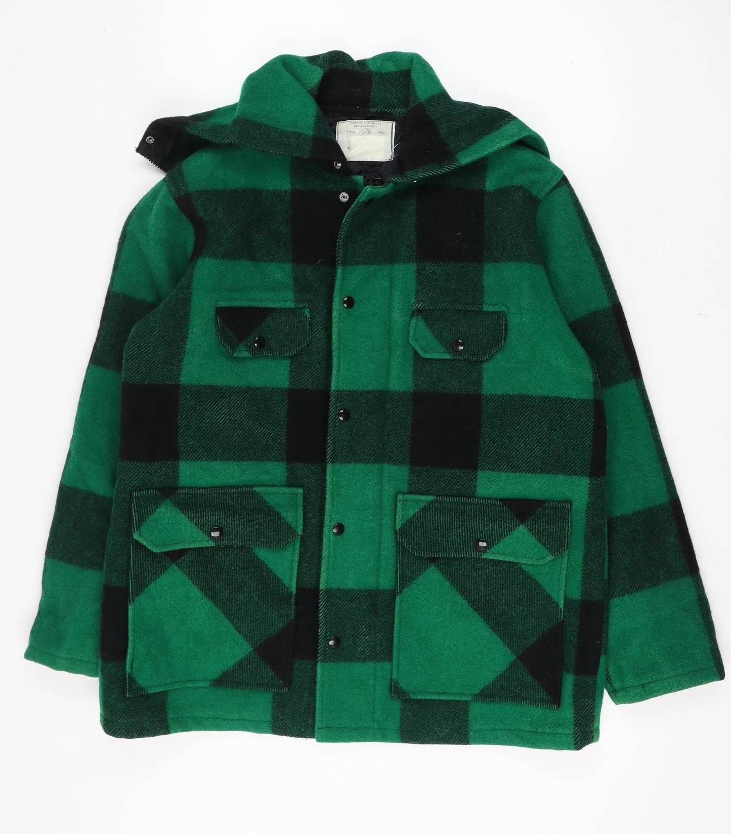 Johnson Woolen Mills Mens Chest 46 Green Black Check Wool Hooded Jacket