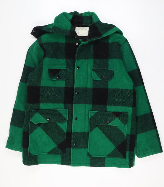 Johnson Woolen Mills Mens Chest 46 Green Black Check Wool Hooded Jacket