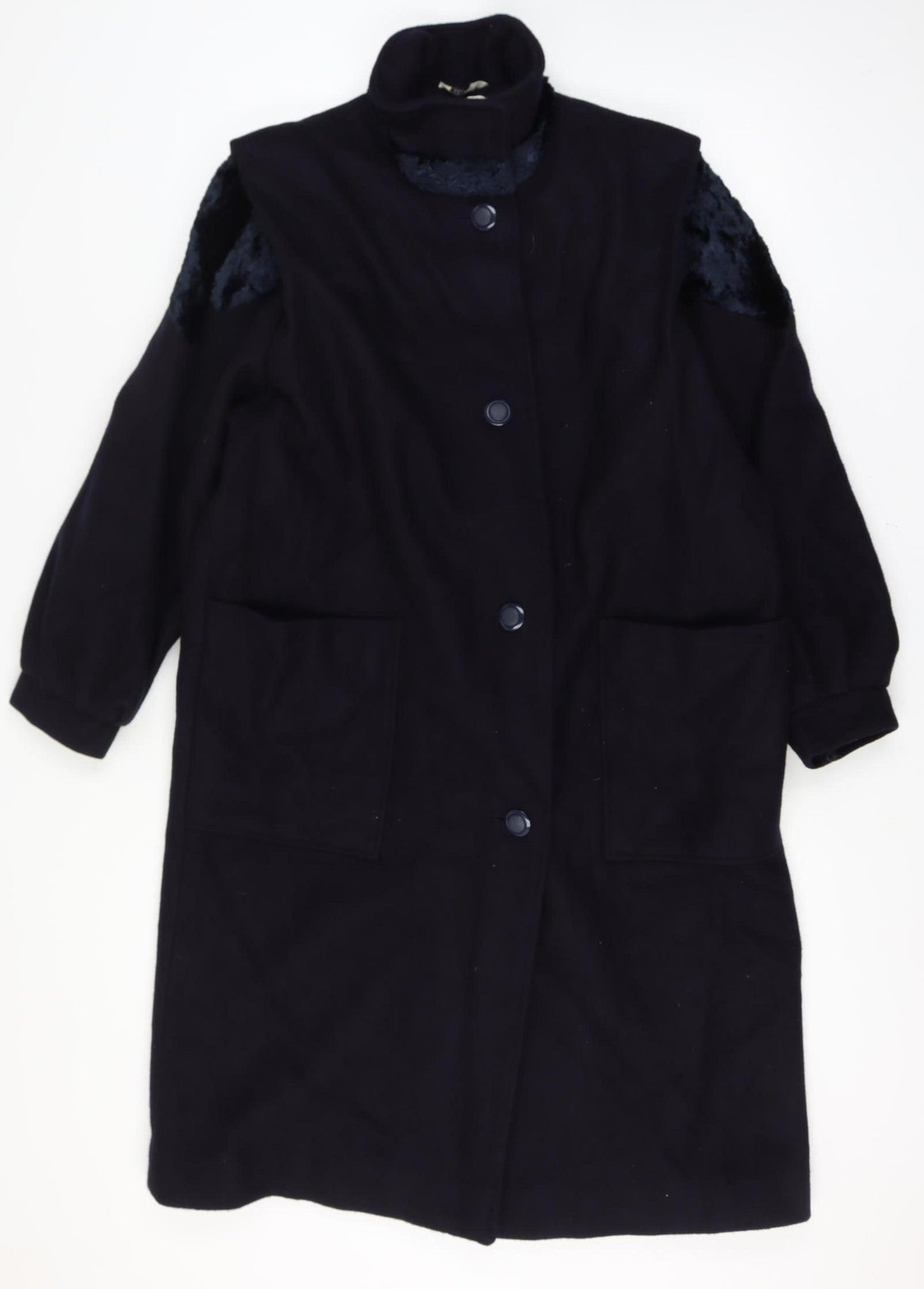 Niccolini Women Size 16-18 Black Long Wool Blend Fur Trim Overcoat Size Unlabelled