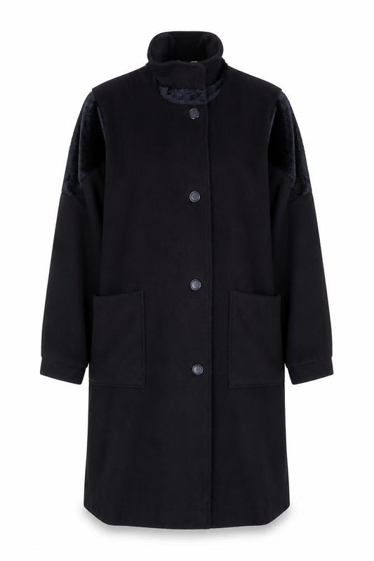 Niccolini Women Size 16-18 Black Long Wool Blend Fur Trim Overcoat Size Unlabelled