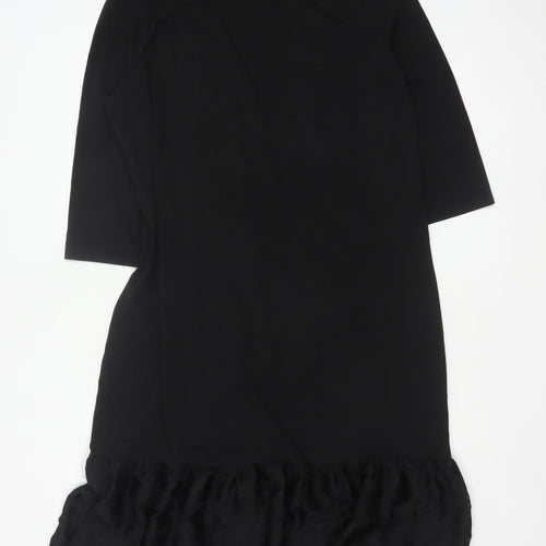 Saint + Sofia Women Black UK 18 Shift Dress Ruffle Hem 3/4 Sleeve