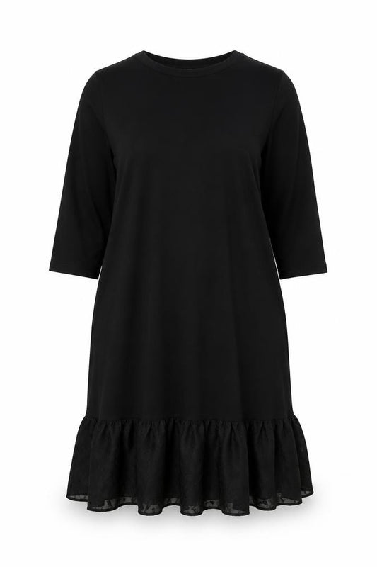 Front view of Saint + Sofia Women Black UK 18 Shift Dress Ruffle Hem 3/4 Sleeve