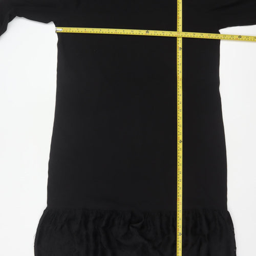 Saint + Sofia Women Black UK 18 Shift Dress Ruffle Hem 3/4 Sleeve