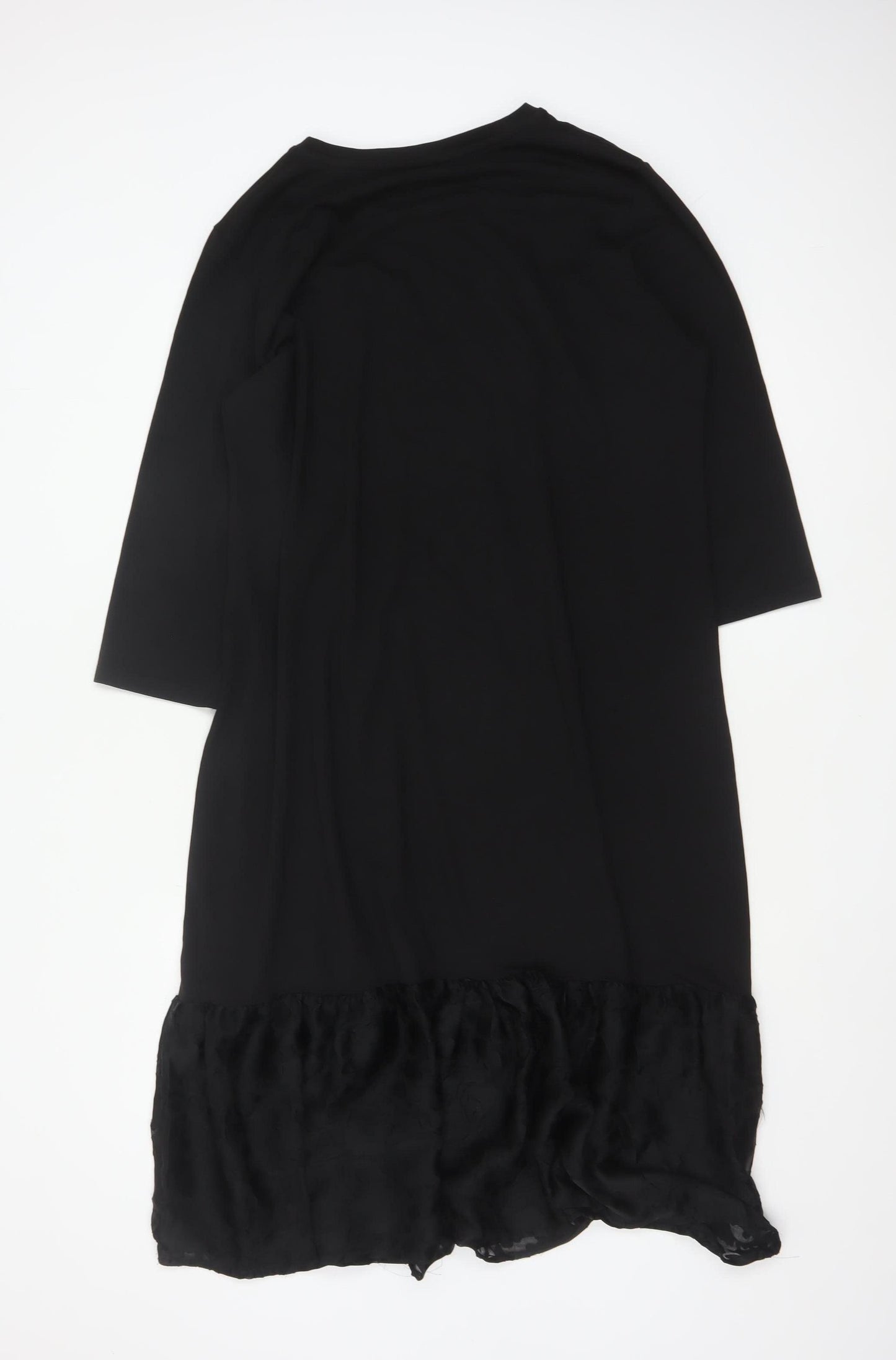 Saint + Sofia Women Black UK 18 Shift Dress Ruffle Hem 3/4 Sleeve