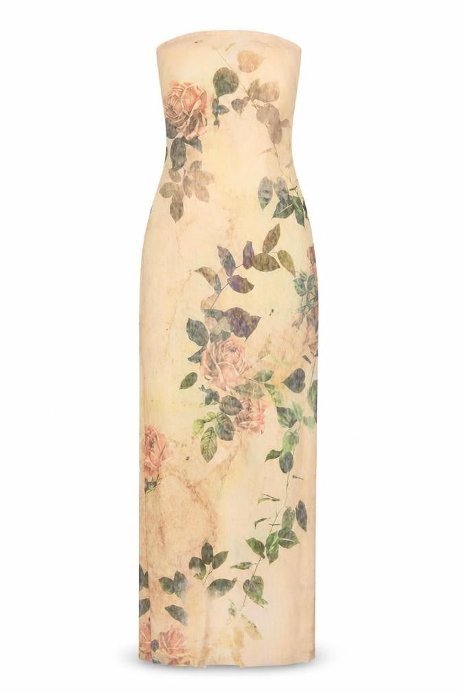 Mars The Label Women Beige Floral UK 4 Strapless Maxi Bodycon Dress