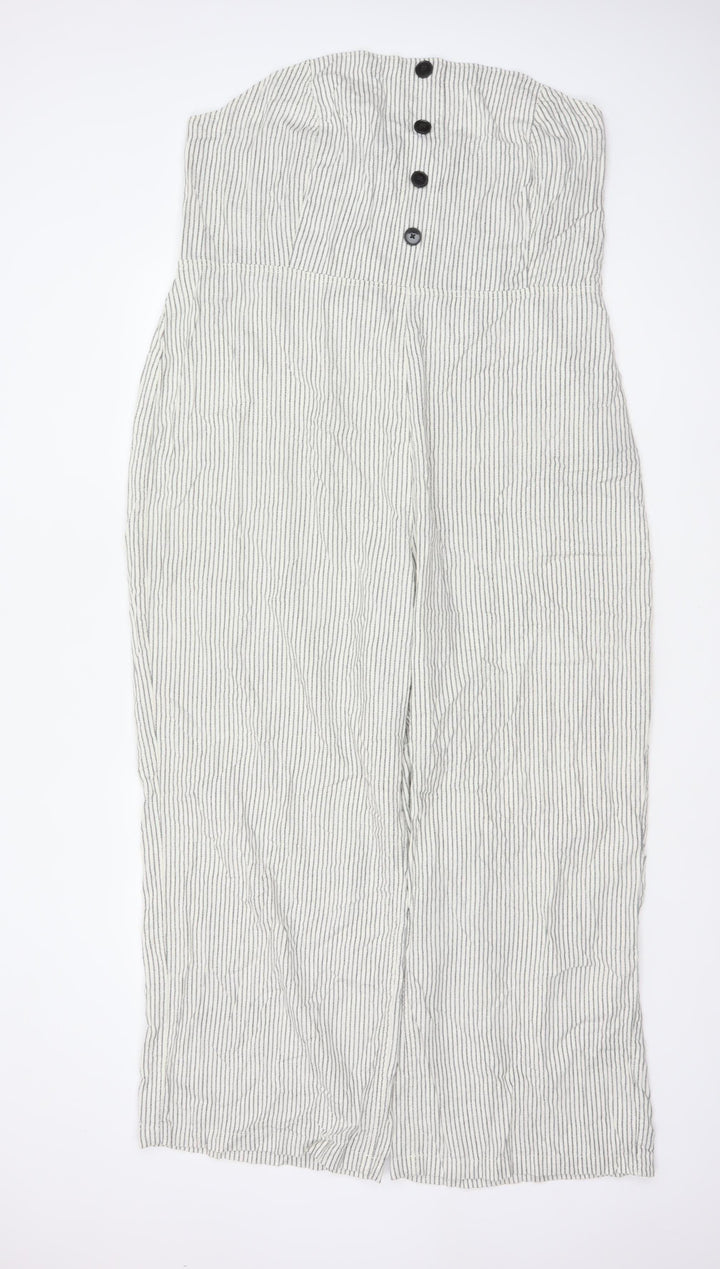 Next Women White Stripe Linen Blend Strapless Wide Leg Jumpsuit UK 22