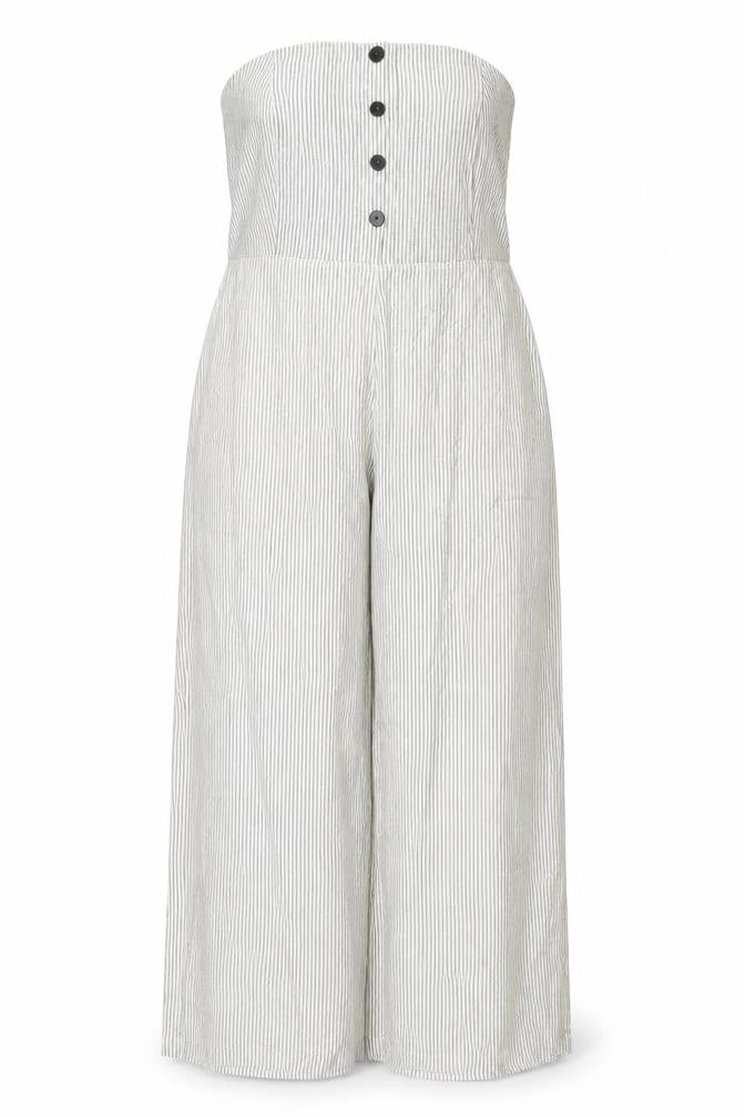 Next Women White Stripe Linen Blend Strapless Wide Leg Jumpsuit UK 22