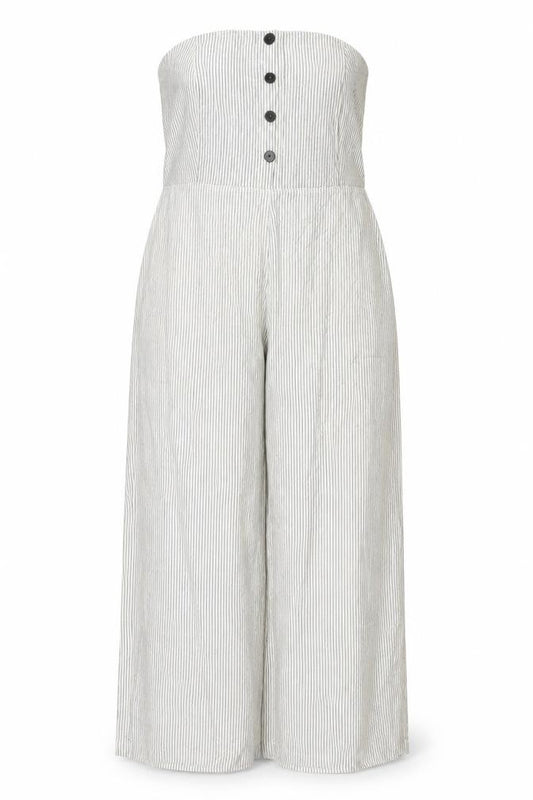Next Women White Stripe Linen Blend Strapless Wide Leg Jumpsuit UK 22