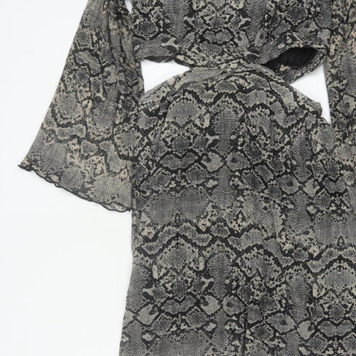 Zara Women Grey Snake Print Cut Out Maxi Dress XS Bell Sleeve