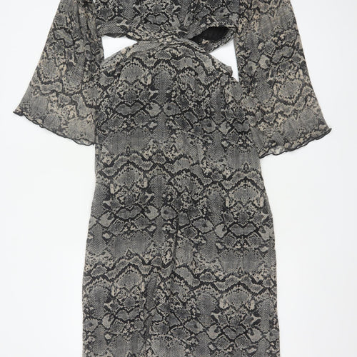 Zara Women Grey Snake Print Cut Out Maxi Dress XS Bell Sleeve