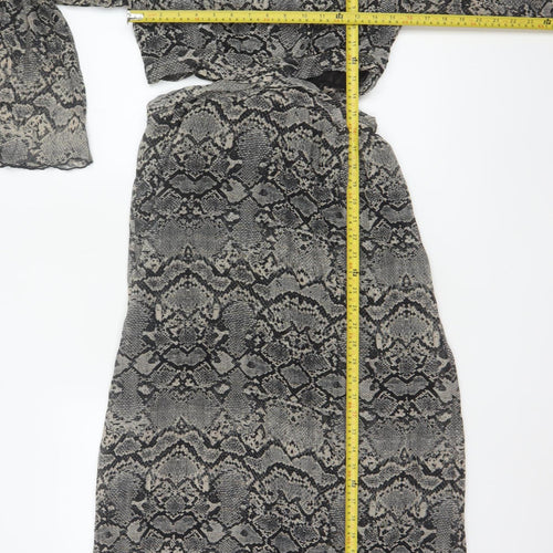 Zara Women Grey Snake Print Cut Out Maxi Dress XS Bell Sleeve