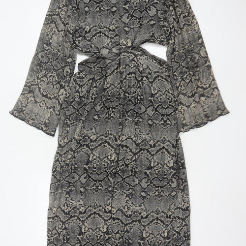 Zara Women Grey Snake Print Cut Out Maxi Dress XS Bell Sleeve