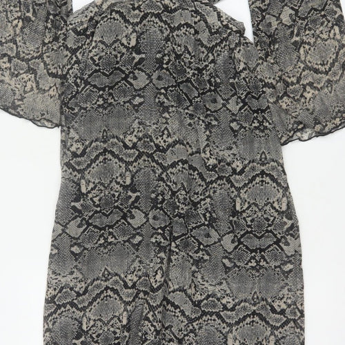 Zara Women Grey Snake Print Cut Out Maxi Dress XS Bell Sleeve