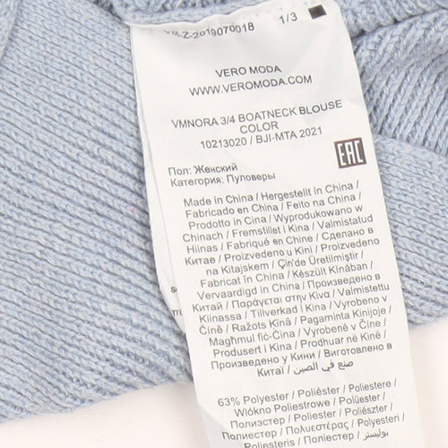 Vero Moda Women Blue S Boat Neck 3/4 Sleeve Fine Knit Pullover Jumper