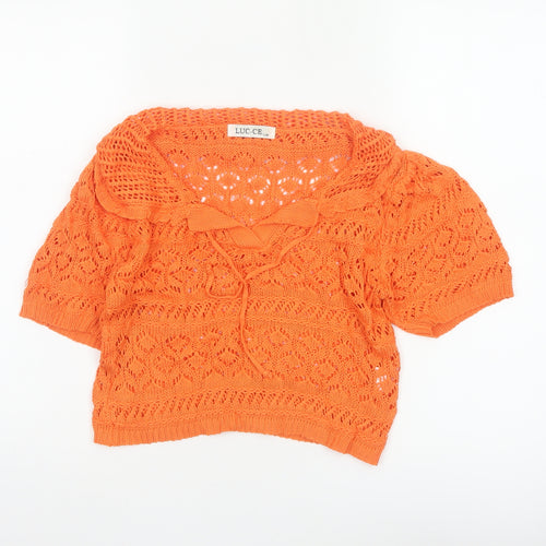 LUC-CE Women Orange S Crochet Knit Cowl Neck Bow Short Sleeve Blouse